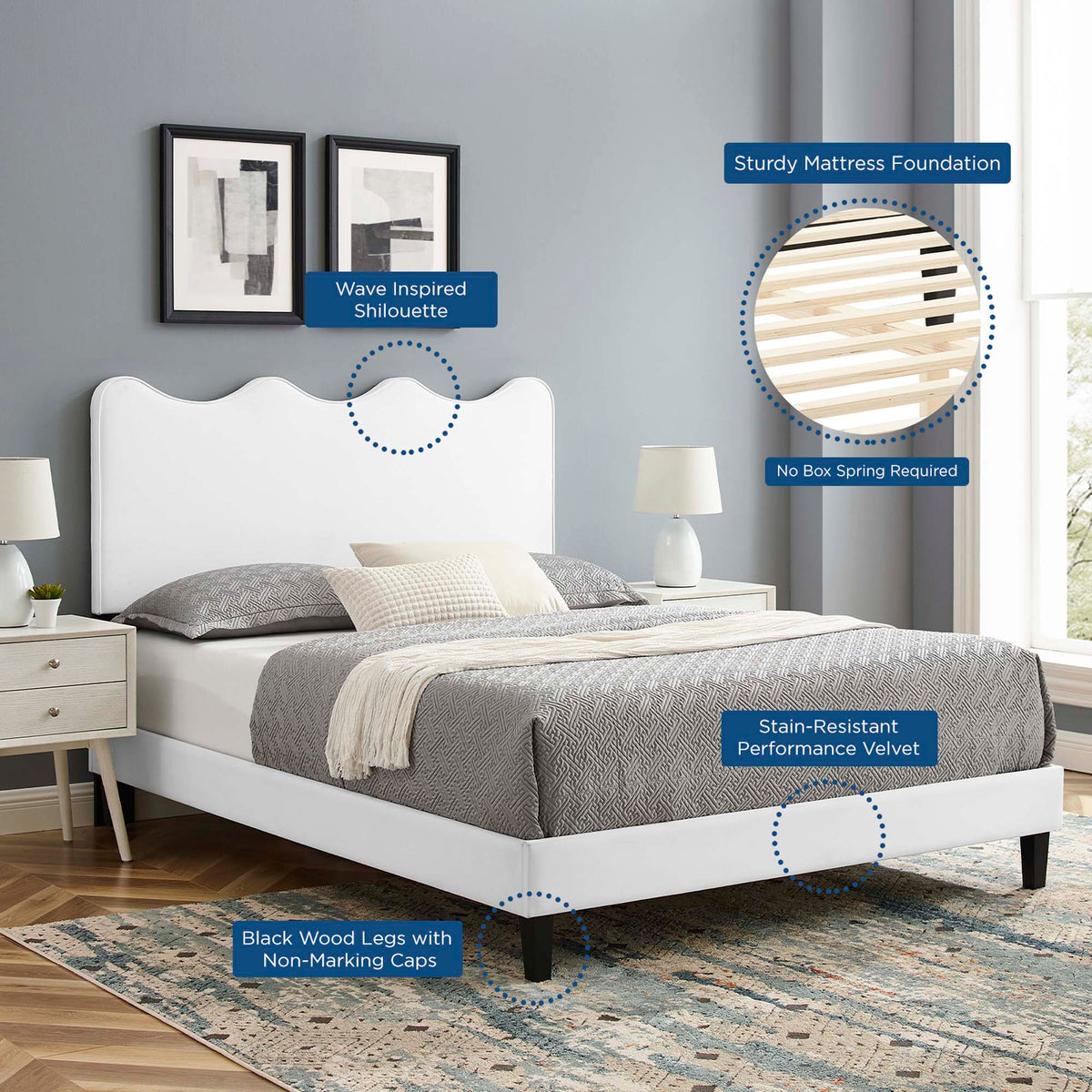 Current White Performance Velvet Queen Platform Bed - 84.5x63.5"