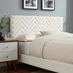 Leah White Tapered Wood Leg Chevron Tufted Performance Velvet Full Platform Bed - Ornate Home