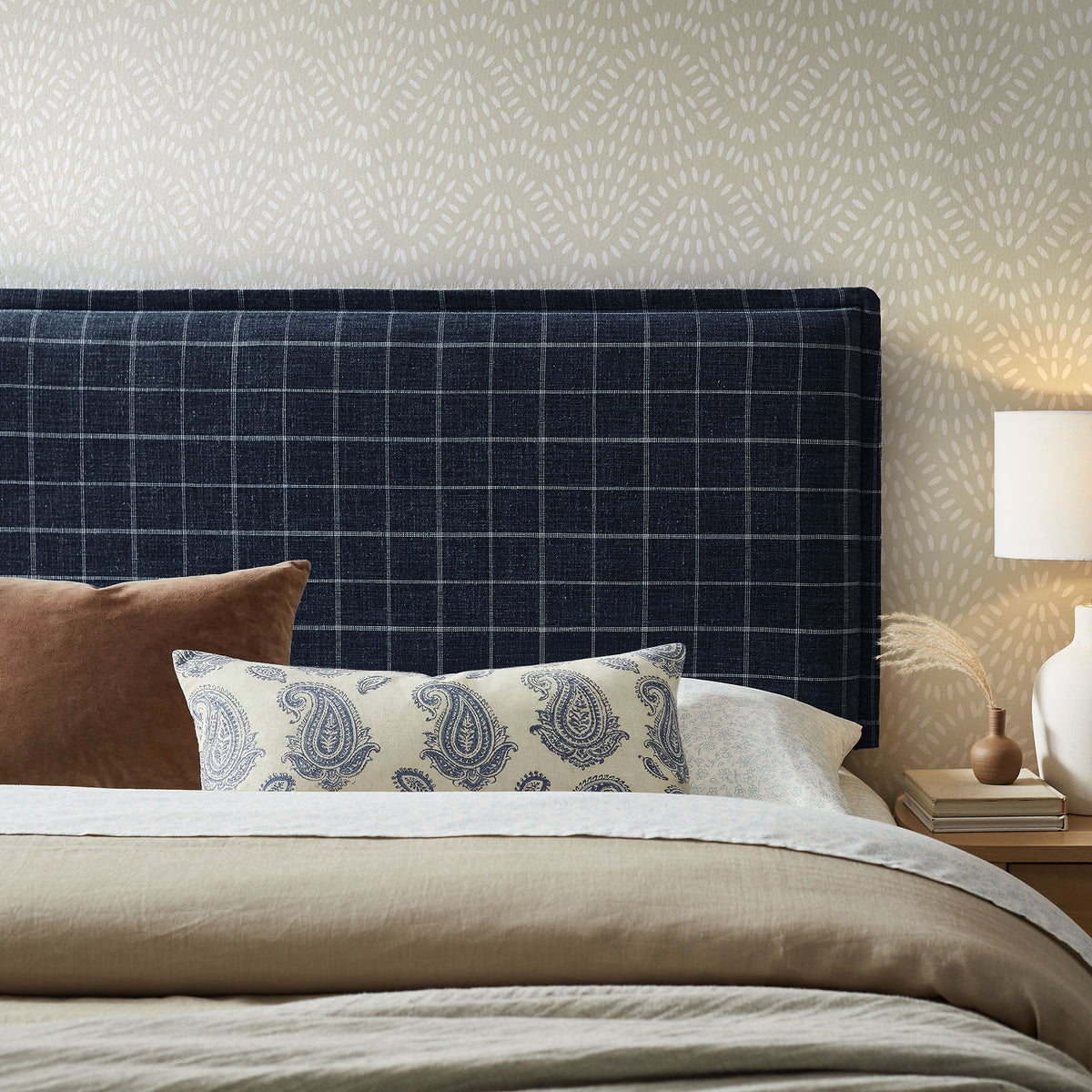 Camille Denim Windowpane Check Checkered Linen Blend Queen Size Headboard - Ornate Home