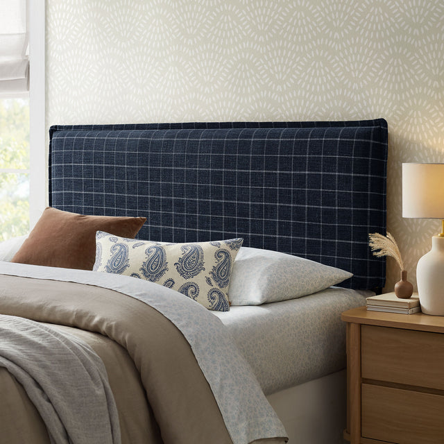 Camille Denim Windowpane Check Checkered Linen Blend Queen Size Headboard - Ornate Home