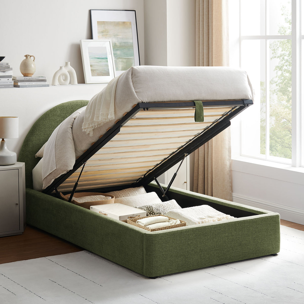 Resort Foliage Twin Arched Upholstered Fabric Storage Platform Bed Frame