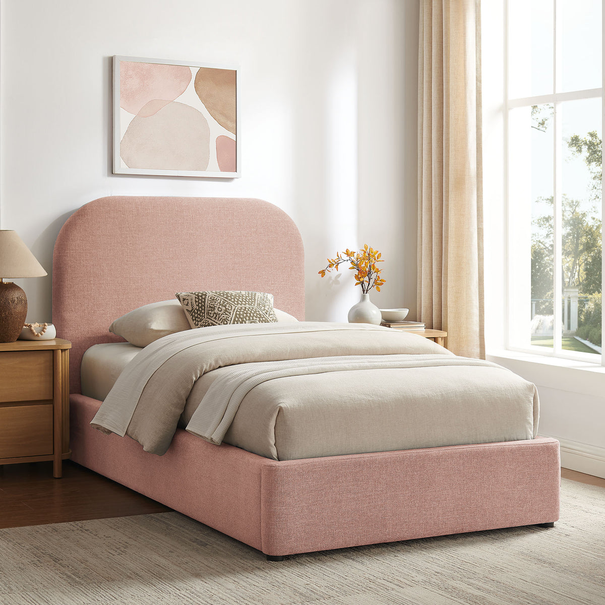 Keynote Blush Twin Fabric Upholstered Storage Platform Bed Frame - Ornate Home