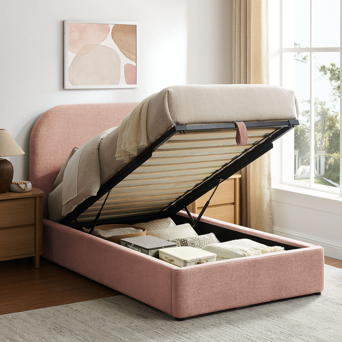 Keynote Blush Twin Fabric Upholstered Storage Platform Bed Frame - Ornate Home
