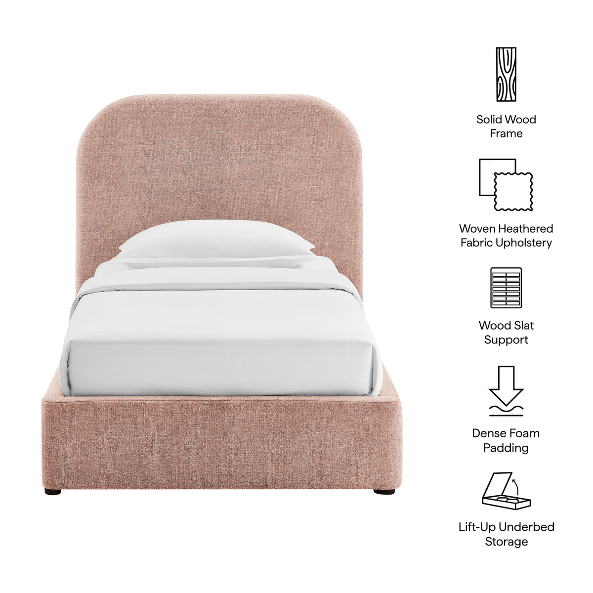 Keynote Blush Twin Fabric Upholstered Storage Platform Bed Frame - Ornate Home