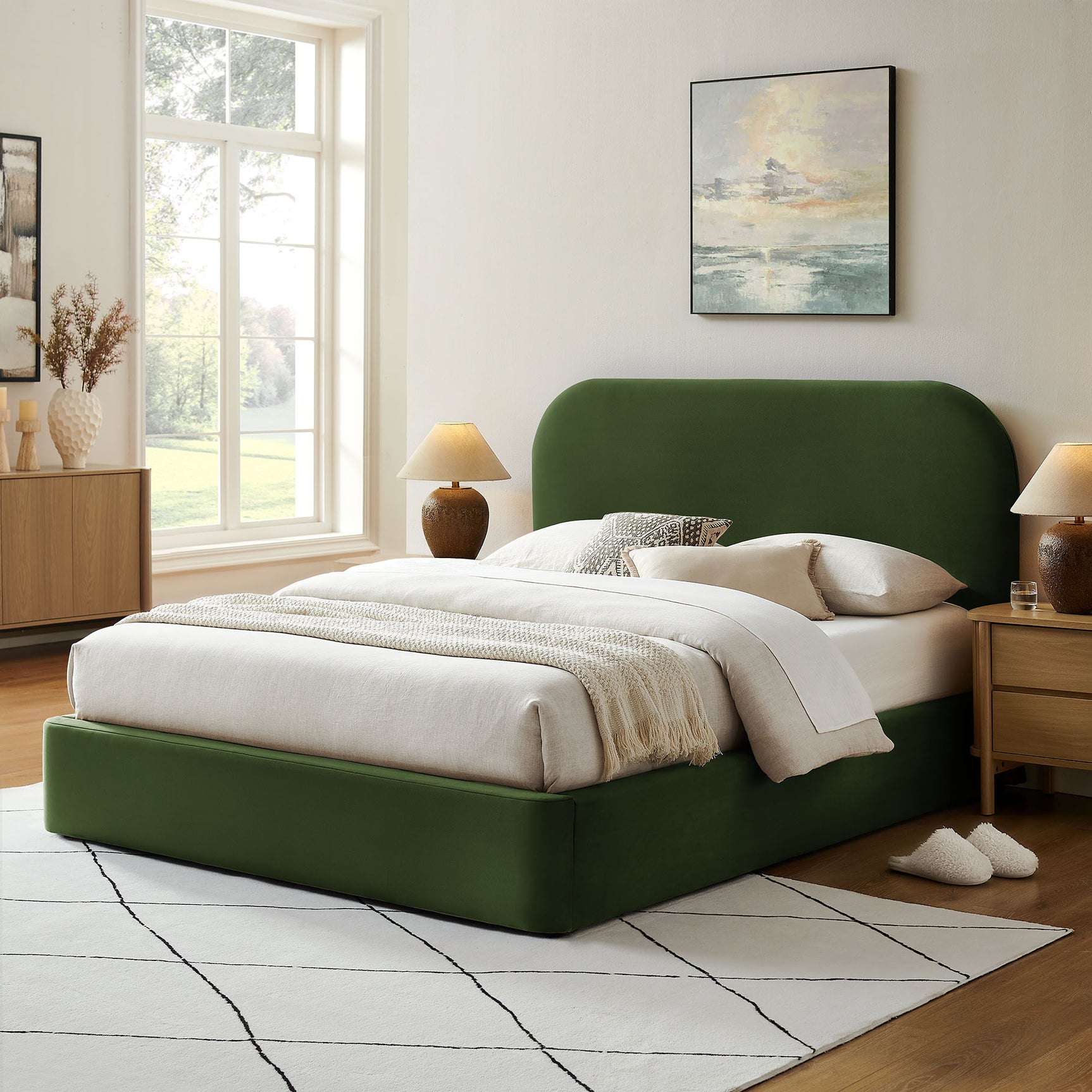 Keynote Moss Green Queen Performance Velvet Storage Platform Bed Frame