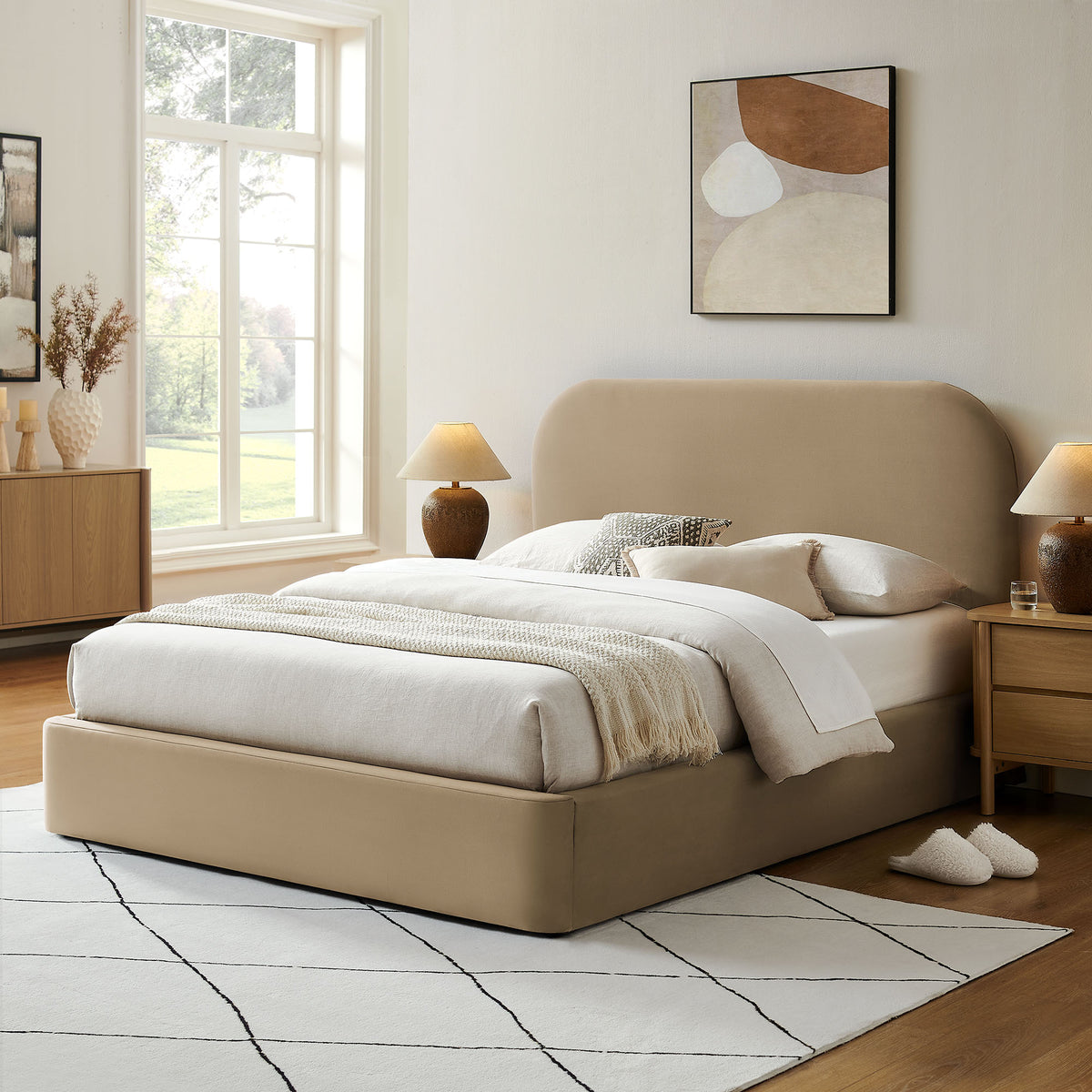 Keynote Taupe King Performance Velvet Storage Platform Bed Frame