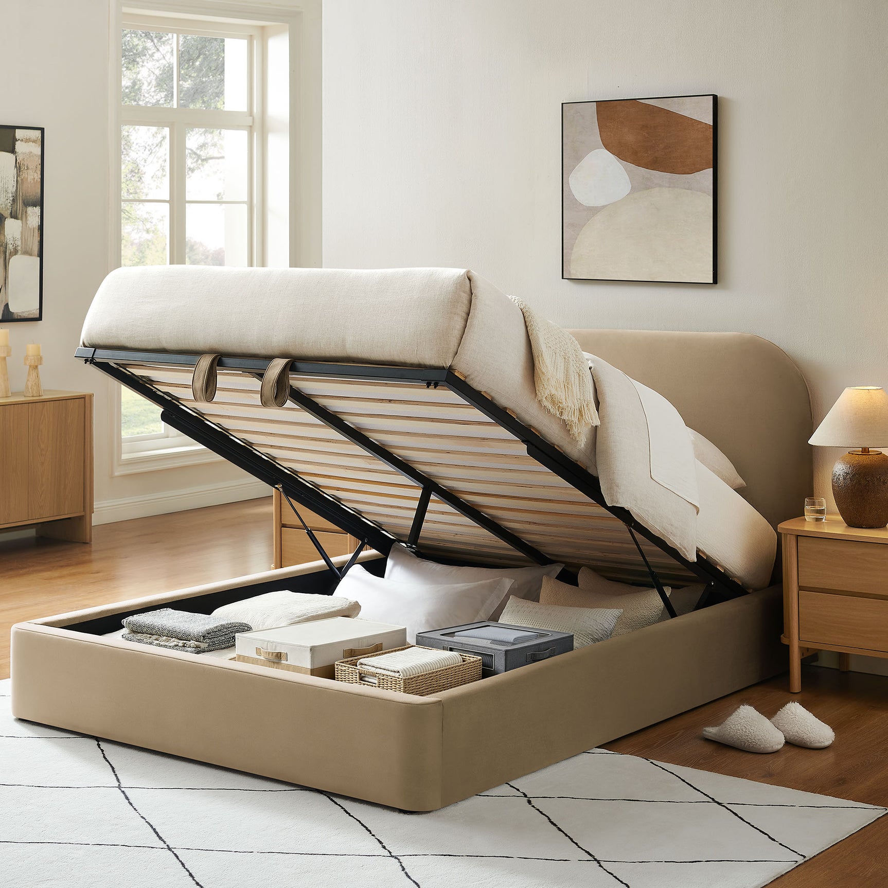 Keynote Taupe King Performance Velvet Storage Platform Bed Frame