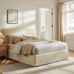 Pemberly Oatmeal Stripe Striped Fabric Storage Bed