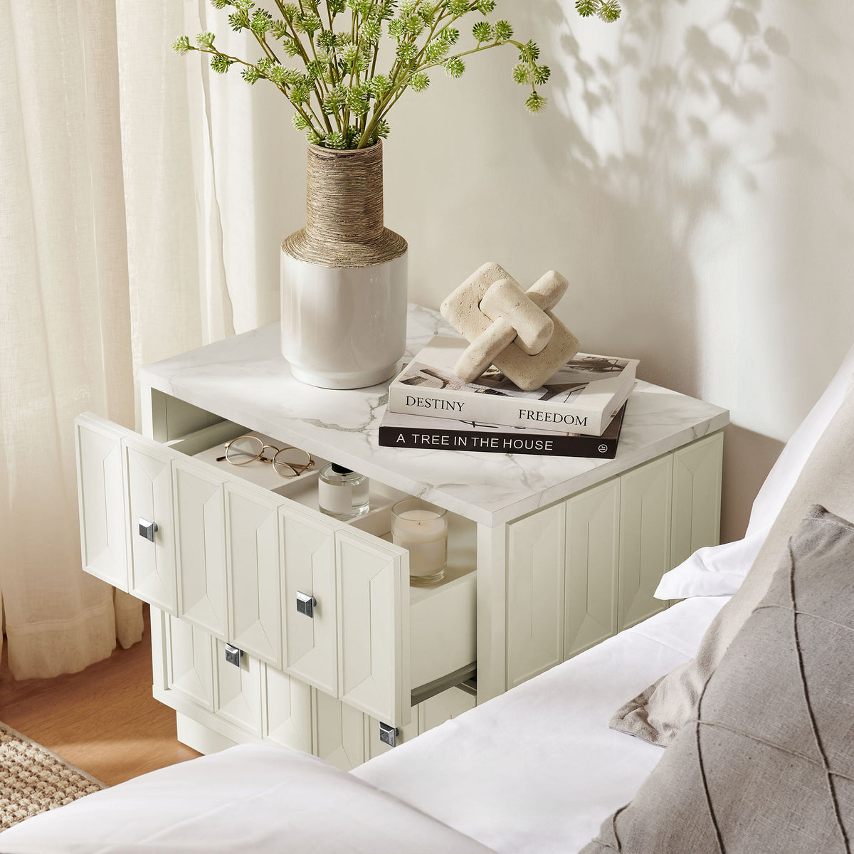 Mabry White 23 Inch Geometric Faceted Two Drawer Nightstand - Ornate Home