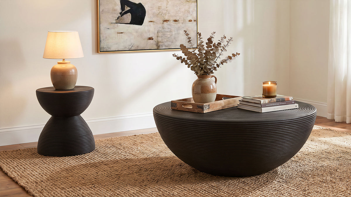 Macedo Black 2-Piece Transitional Round Rattan Coffee And End Table Set - Ornate Home