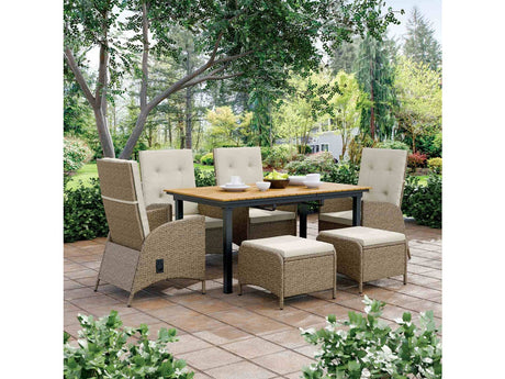 Mackay Gun Metal/Beige/Natural Teak 7 Pc. Patio Dining Set w/ 2 Ottomans - Ornate Home