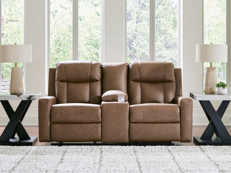 Mackmenville Caramel Reclining Loveseat with Console - Ornate Home