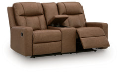 Mackmenville Caramel Reclining Loveseat with Console - Ornate Home