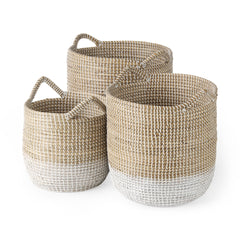 Maddie Light Brown/White Dipped Seagrass Round Basket with Handles (Set of 3) - Ornate Home
