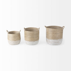 Maddie Light Brown/White Dipped Seagrass Round Basket with Handles (Set of 3) - Ornate Home