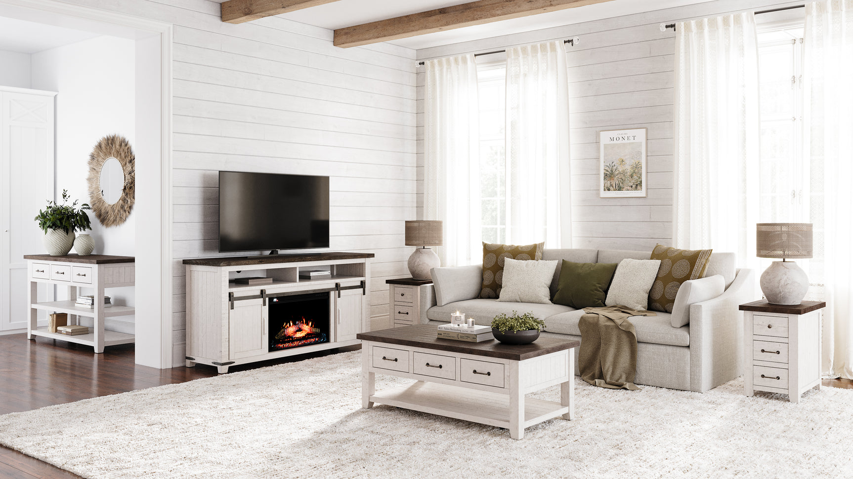 Madison County Vintage White 64 Fireplace w/ Logset - Ornate Home
