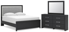 Maeling Black Queen Upholstered Panel Bed, Dresser and Mirror - Ornate Home