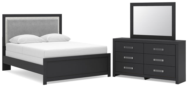 Maeling Black Queen Upholstered Panel Bed, Dresser and Mirror - Ornate Home