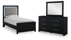 Maeling Black Twin Upholstered Panel Bed, Dresser and Mirror - Ornate Home