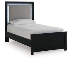 Maeling Black Twin Upholstered Panel Bed, Dresser and Mirror - Ornate Home