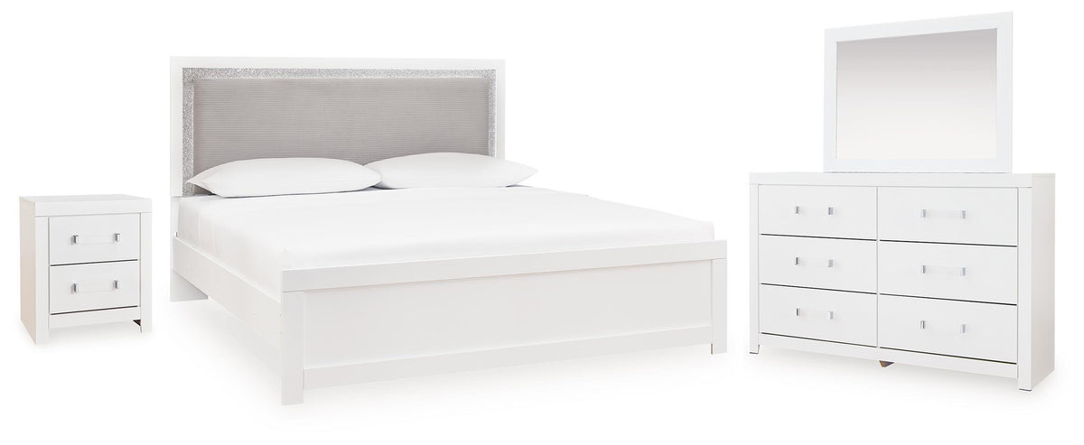 Maeling White/Gray Queen Upholstered Panel Bed, Dresser, Mirror and Nightstand - Ornate Home