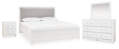 Maeling White/Gray Queen Upholstered Panel Bed, Dresser, Mirror and Nightstand - Ornate Home