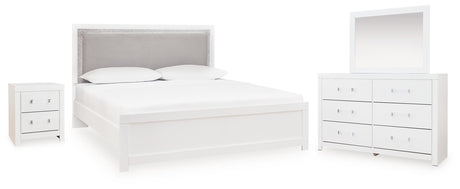 Maeling White/Gray Queen Upholstered Panel Bed, Dresser, Mirror and Nightstand - Ornate Home