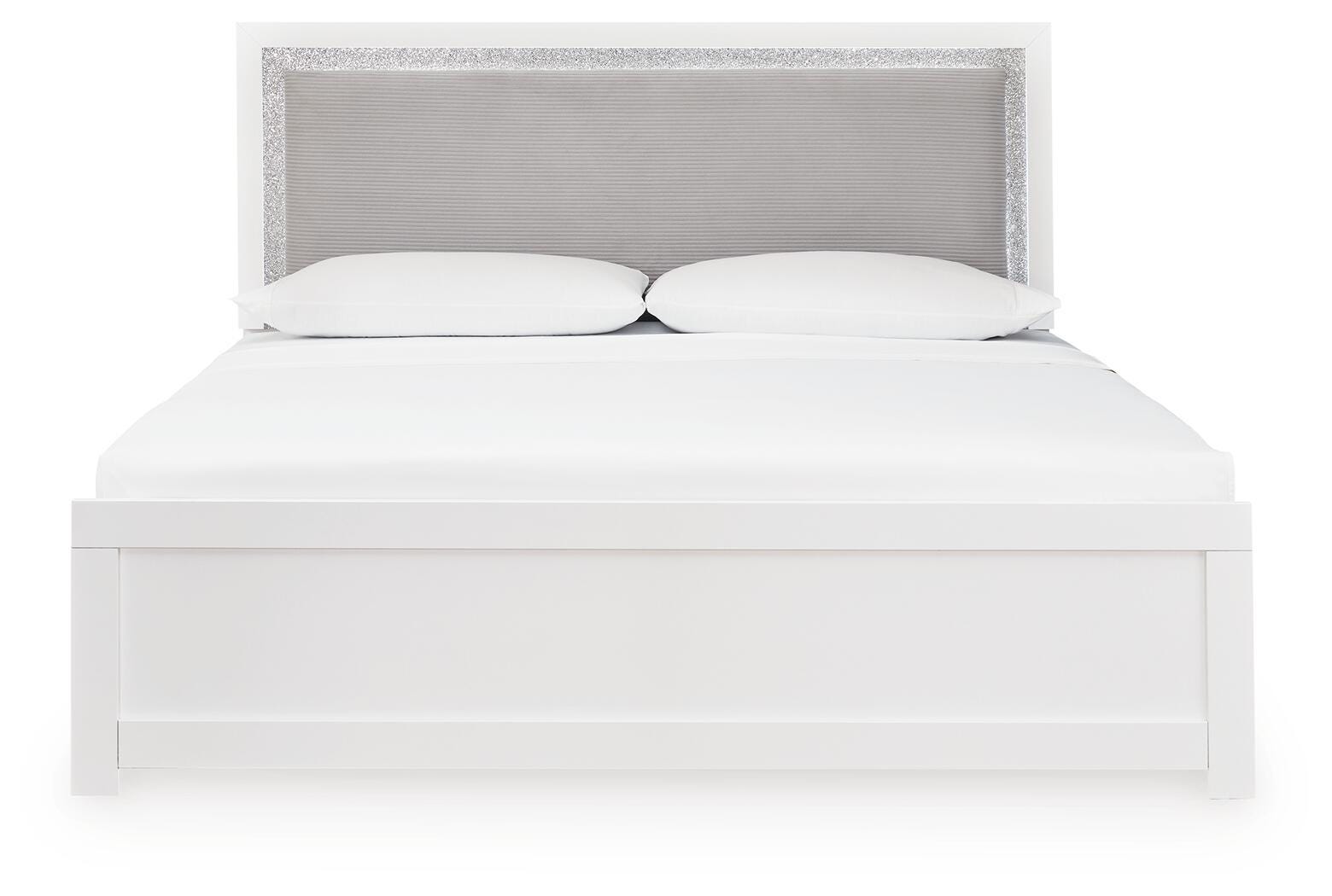 Maeling White/Gray Queen Upholstered Panel Bed, Dresser, Mirror and Nightstand - Ornate Home