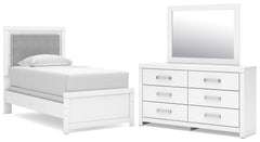 Maeling White Twin Upholstered Panel Bed, Dresser and Mirror - Ornate Home
