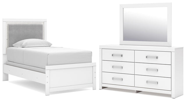 Maeling White Twin Upholstered Panel Bed, Dresser and Mirror - Ornate Home