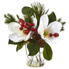 Magnolia, Pine, and Berry in Glass Vase - Ornate Home