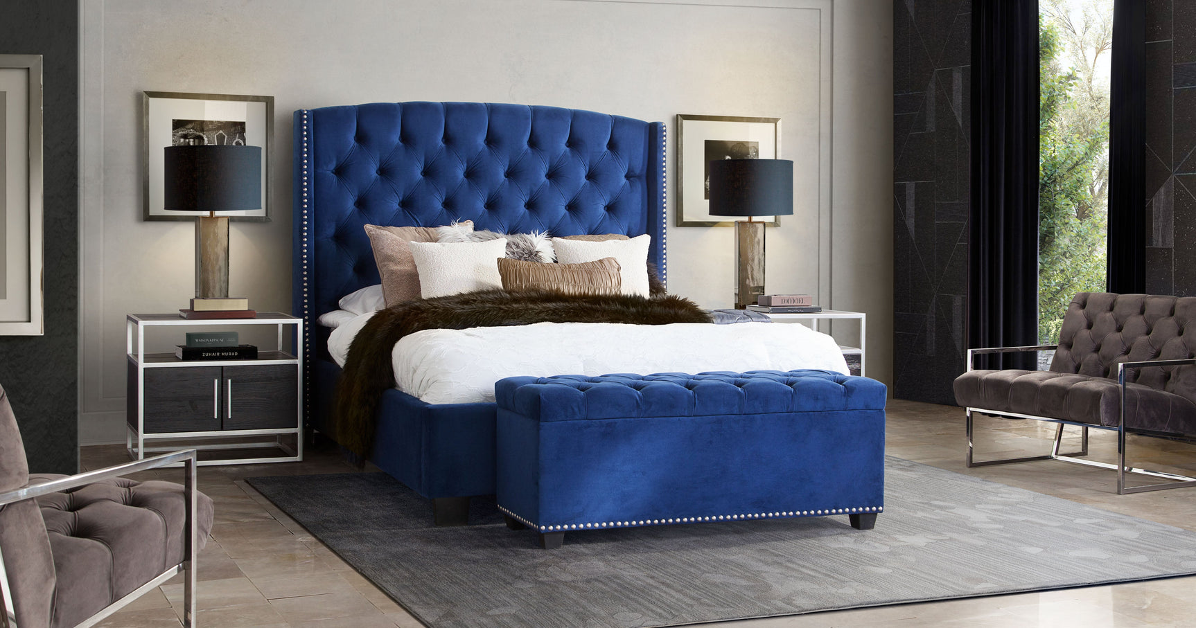 Majestic Navy Blue Queen Tufted Bed - Ornate Home