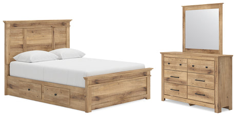 Makidern Tan Queen Panel Bed w/ Storage, Dresser and Mirror - Ornate Home