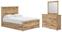 Makidern Tan Queen Panel Bed with Storage, Dresser and Mirror - Ornate Home