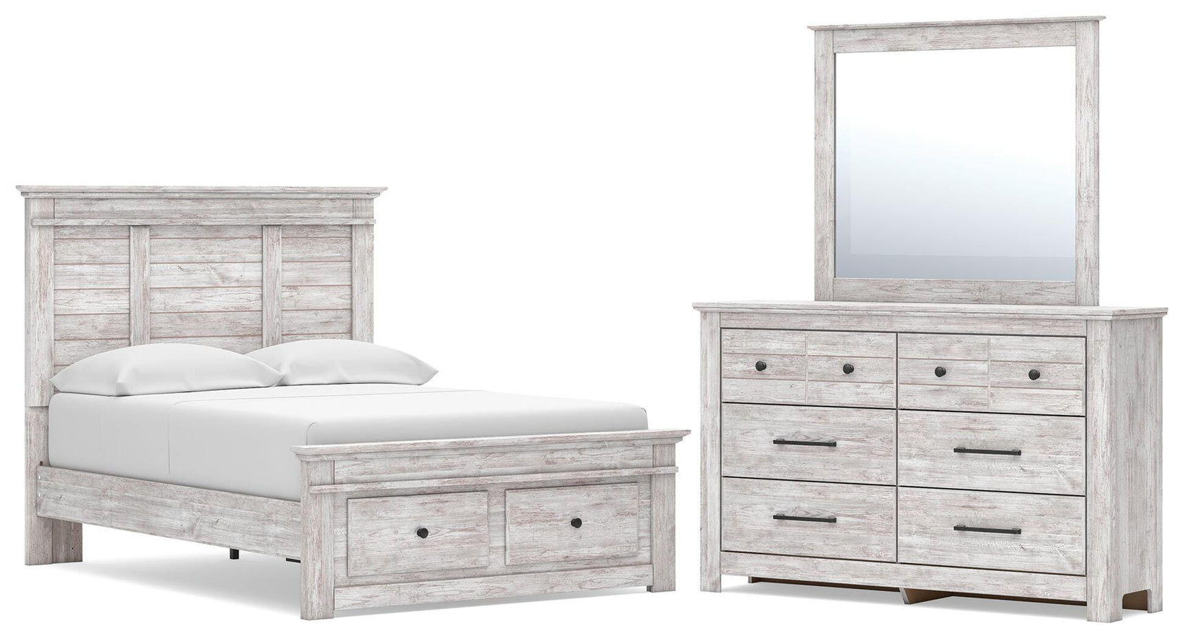 Makidern Whitewash Full Panel Storage Bed, Dresser and Mirror - Ornate Home