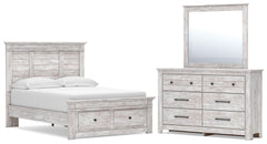 Makidern Whitewash Full Panel Storage Bed, Dresser and Mirror - Ornate Home