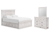 Makidern Whitewash Queen Panel Bed with 4 Storage, Dresser and Mirror - Ornate Home