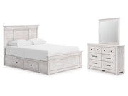 Makidern Whitewash Queen Panel Bed with 4 Storage, Dresser and Mirror - Ornate Home