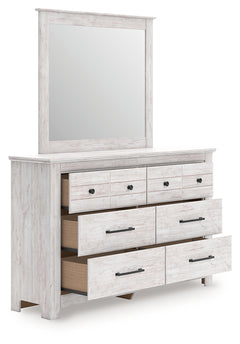 Makidern Whitewash Queen Panel Bed with 4 Storage, Dresser and Mirror - Ornate Home