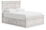 Makidern Whitewash Queen Panel Bed with 4 Storage, Dresser and Mirror - Ornate Home