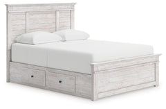 Makidern Whitewash Queen Panel Bed with 4 Storage, Dresser and Mirror - Ornate Home