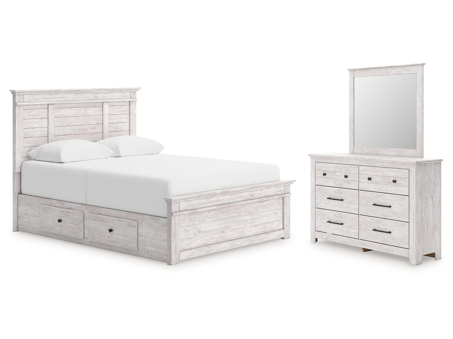 Makidern Whitewash Queen Panel Bed with Storage, Dresser and Mirror - Ornate Home