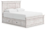 Makidern Whitewash Queen Panel Bed with Storage, Dresser and Mirror - Ornate Home