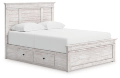 Makidern Whitewash Queen Panel Bed with Storage, Dresser and Mirror - Ornate Home