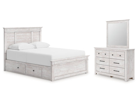 Makidern Whitewash Queen Panel Bed with Storage, Dresser and Mirror - Ornate Home