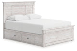 Makidern Whitewash Queen Panel Bed with Storage, Dresser and Mirror - Ornate Home