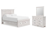 Makidern Whitewash Queen Panel Storage Bed, Dresser and Mirror - Ornate Home