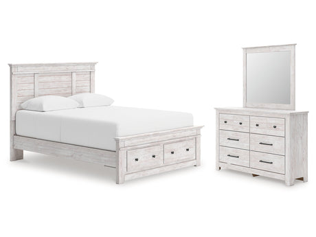 Makidern Whitewash Queen Panel Storage Bed, Dresser and Mirror - Ornate Home