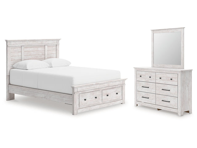 Makidern Whitewash Queen Panel Storage Bed, Dresser and Mirror - Ornate Home