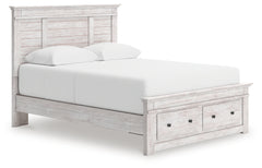 Makidern Whitewash Queen Panel Storage Bed, Dresser and Mirror - Ornate Home